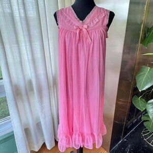 Vintage 1950s night dress, candy pink negligee, V neckline slip-on nightgown